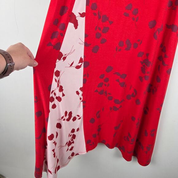 LOGO by Lori Goldstein Cherry Red Floral Short Sleeve Midi Dress White‎ Godet L - Picture 4 of 8